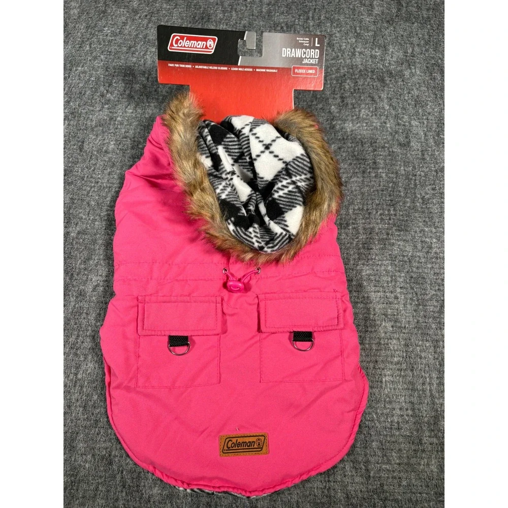 Coleman Drawcord Jacket Dog L Pink Fleece Lined Faux Fur Hood Plaid Trim Coat